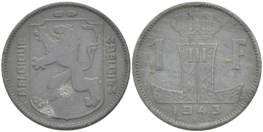 БЕЛЬГИЯ 1 ФРАНК 1943 BELGIQUE-BELGIE KM 127 цинк 216-545