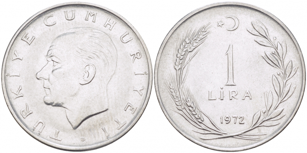 Турция 1 лира 1972 Мустафа Кемаль Ататюрк KM 889а.2 нержавеющая сталь 212-1234