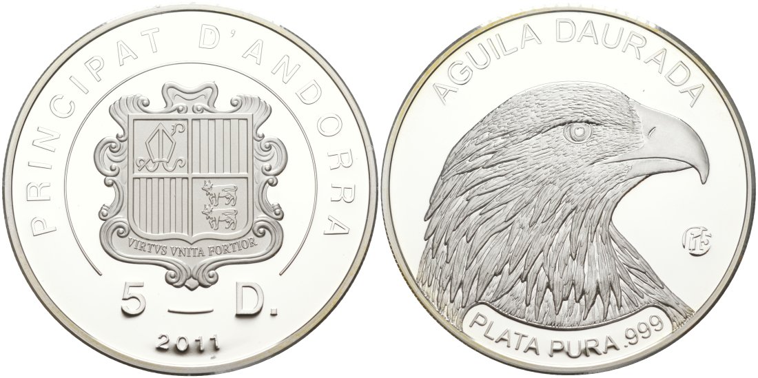 Андорра 5 динеров 2011 беркут KM 364 серебро PROOF 00-00