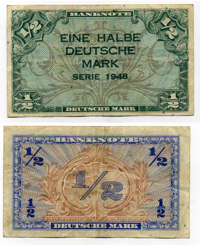 ФРГ 1/2 марки 1948 первый послевоенный выпуск Pick 1a бумага 7484-5-1-2