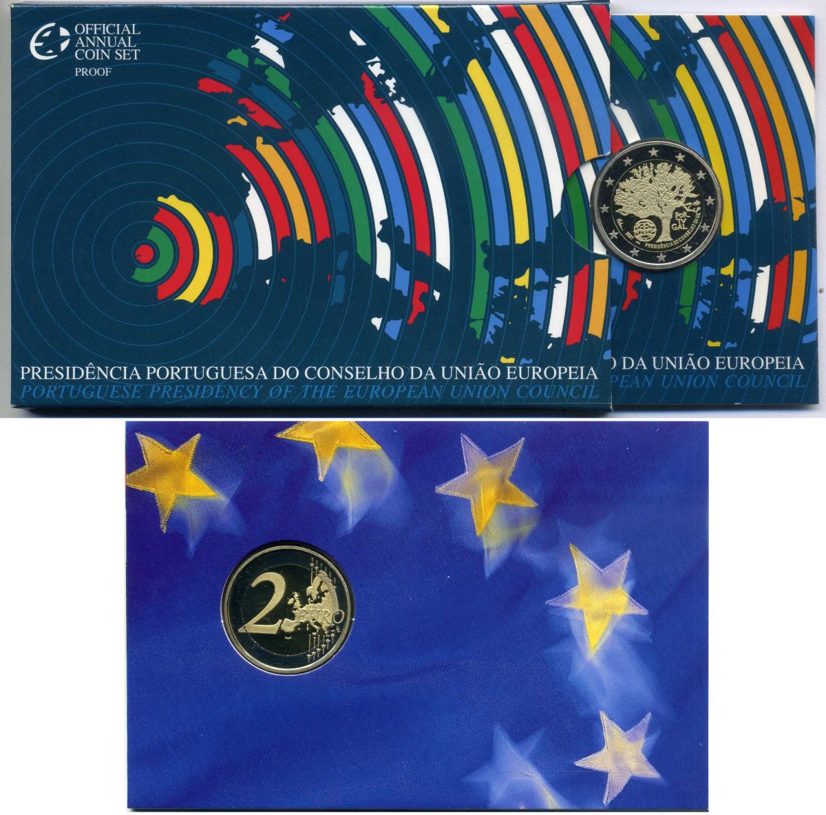 Португалия 2 евро 2007 председательство Португалии в Евросоюзе, запайка, картонный буклет KM 772 биметалл PROOF 3-4-8-61