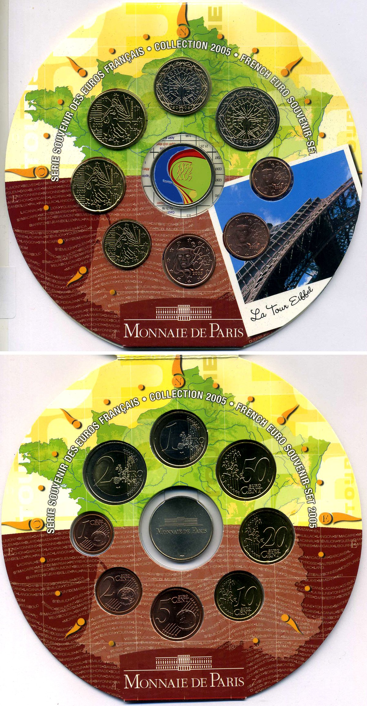 Франция евронабор из 8 монет + жетон мондвора 2005 150 лет Эйфелевой башне, в оригинальном картонном буклете, сертификат BUNC 5-4-4-20