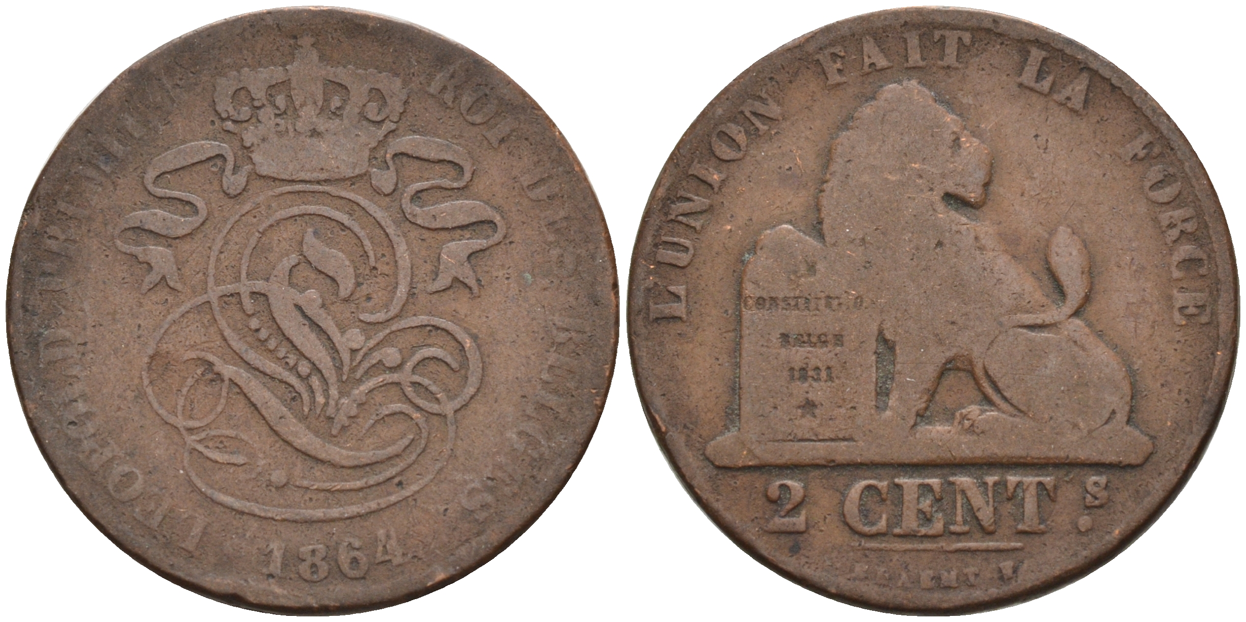 Бельгия 2 сантима 1864 Belges KM 4.2 медь 4595-211