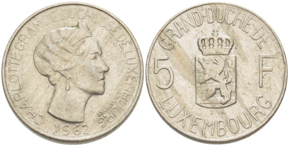 Люксембург 5 франков 1962 Великая герцогиня Шарлотта (1919-1964) KM 51 медно-никель 77-841