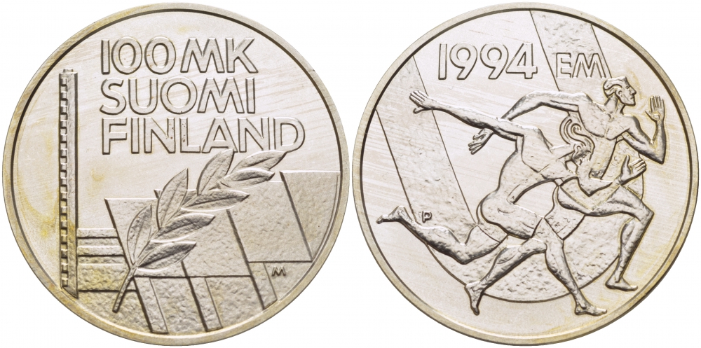 Финляндия 100 марок 1994 стадион дружбы, бег KM 78 серебро UNC 1515-1143
