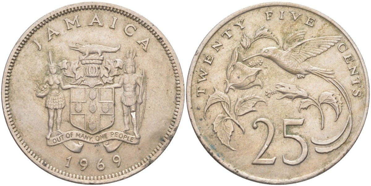 Ямайка 25 центов 1969 КОЛИБРИ KM 49 медно-никель 4512-345