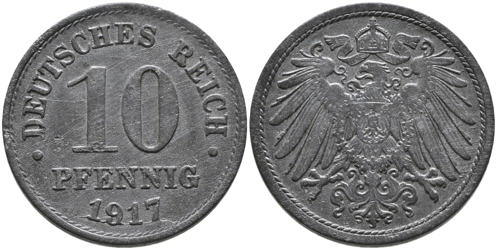 ГЕРМАНИЯ 10 ПФЕННИГОВ 1917 KM 26, J. 299 цинк 96-631