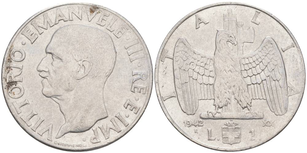 ИТАЛИЯ 1 ЛИРА 1942 R, ГОД XX, ВИКТОР ЭММАНУИЛ III (1900-1946) KM 77b, VEM3. 1102 нержавеющая сталь 3855-514