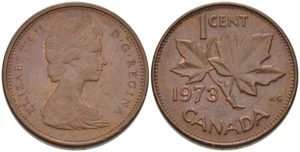Канада 1 цент 1973 Елизавета II (1952-2022), кленовый лист KM 59.1 бронза 3334-1167