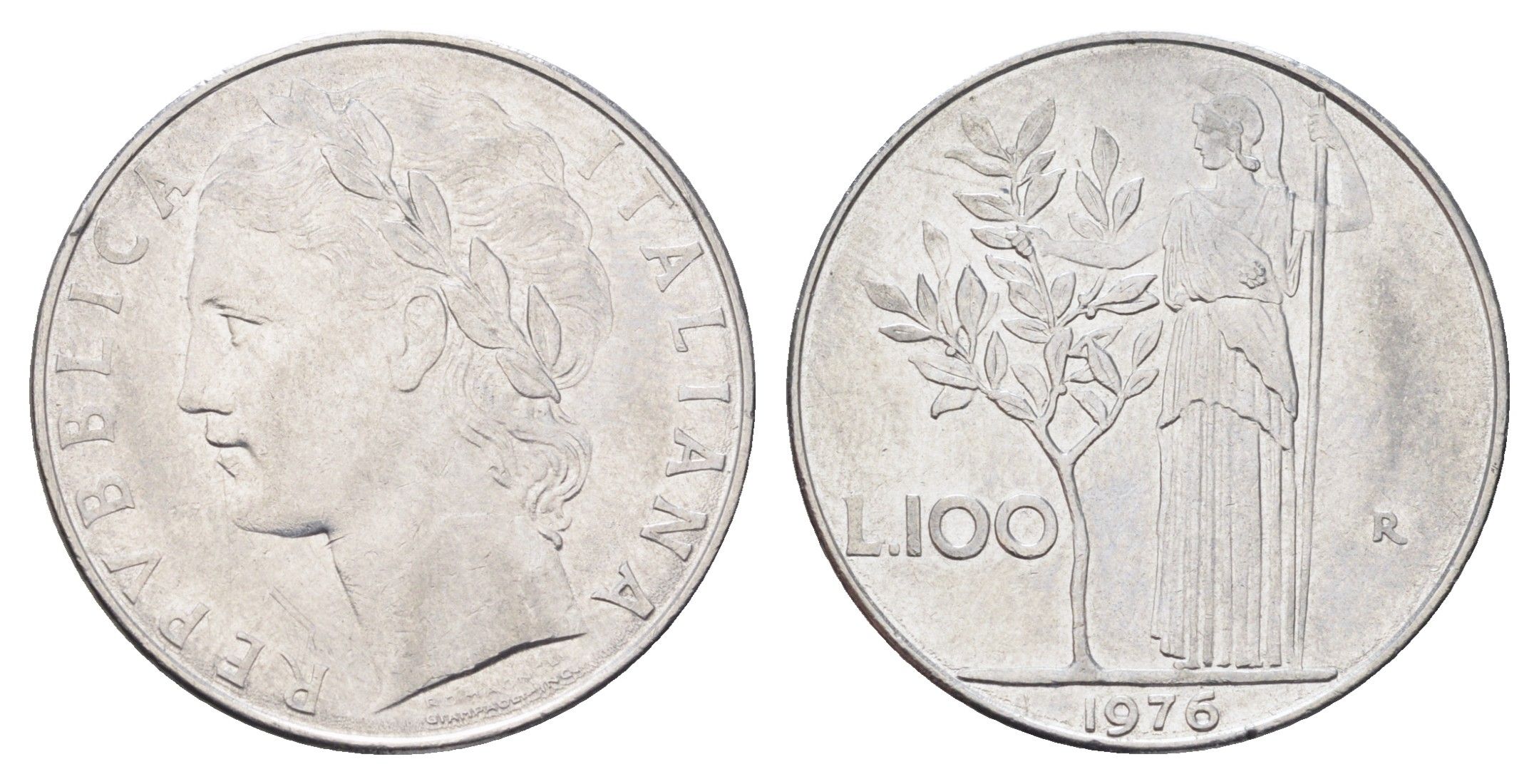 Италия 100 лир 1976 R, Афина в доспехах KM 96.1 нержавеющая сталь 4704-735