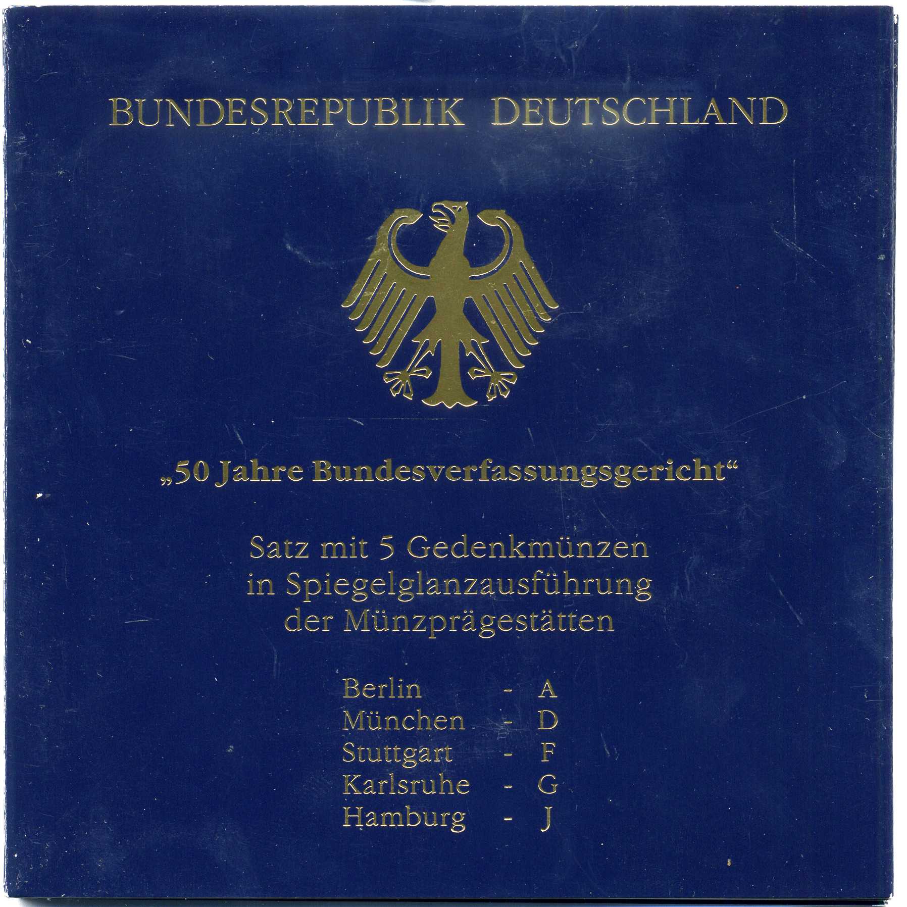 ФРГ набор из 5 штук по 10 марок 2001 A, D, F, G, J, 50 лет Федерального Конституционного суда Германии KM 206 серебро PROOF 6-5-2-9