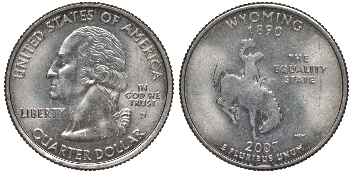 США 25 центов (квотер) 2007 D, серия штаты США, Вайоминг KM 399 медь плакированная медно-никелем 4541-312