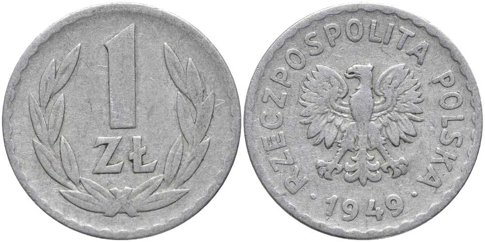 ПОЛЬША 1 ЗЛОТЫЙ 1949 KM 45а алюминий 4179-1012