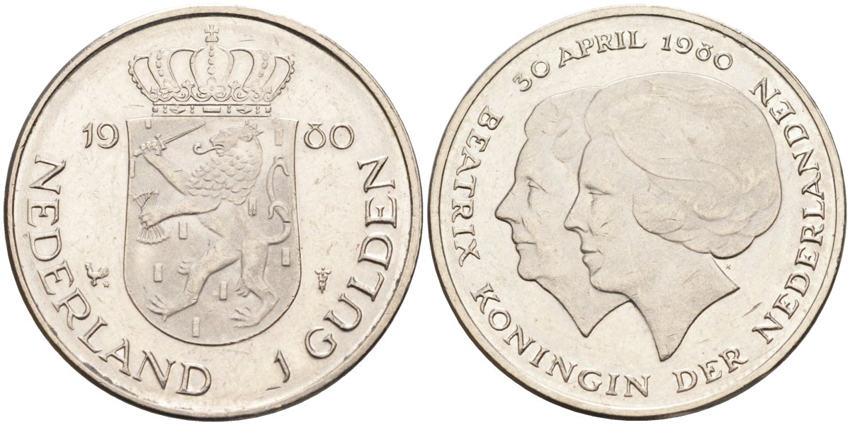 Нидерланды 1 гульден 1980 Коронация Беатрикс 30 апреля 1980 KM 200 никель 4575-1215
