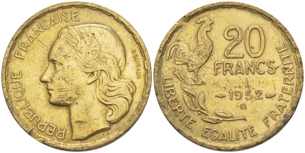 ФРАНЦИЯ 20 ФРАНКОВ 1952 В KM 917.2 алюминиевая бронза 4390-1224