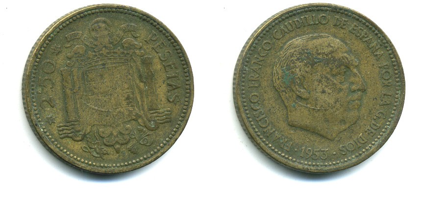ИСПАНИЯ 2 1/2 ПЕСЕТЫ 1953 (54) ФРАНСИСКО ФРАНКО ДИКТАТОР ИСПАНИИ (1939-1975) KM 785 алюминиевая бронза 53-1224
