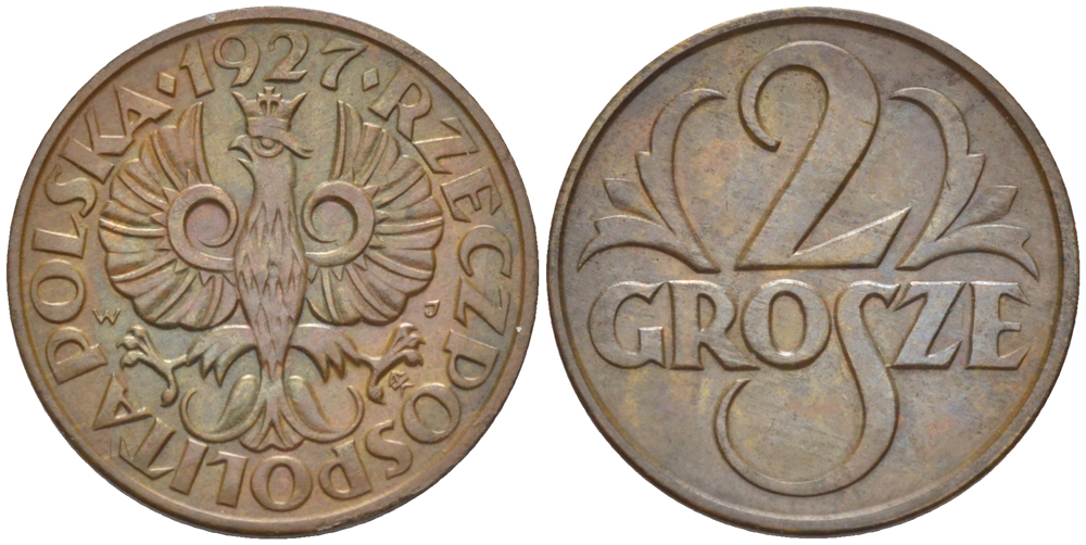 ПОЛЬША 2 ГРОША 1927 w KM 9a, Parchimowicz 102c бронза 4181-1156