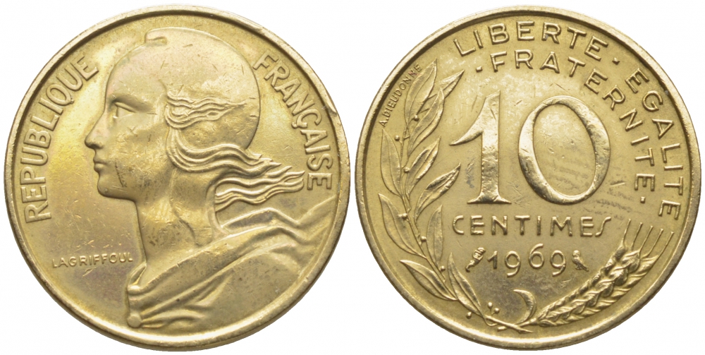 ФРАНЦИЯ 10 САНТИМОВ 1969 ТИП MARIANNE KM 929 медь алюминий никель 105-1229