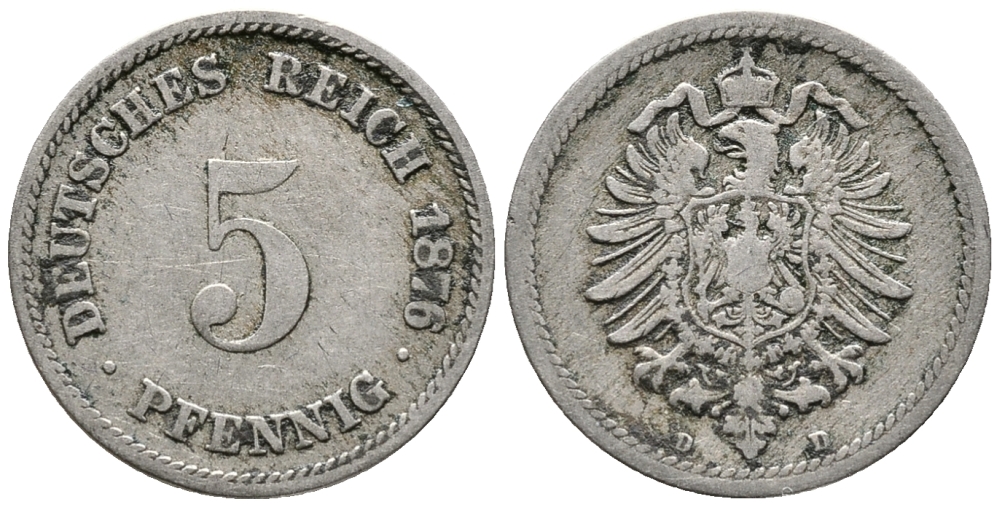 ГЕРМАНИЯ 5 ПФЕННИГОВ 1876 D, СТАРОГЕРБОВКА KM 3, J. 3 медно-никель 39-369