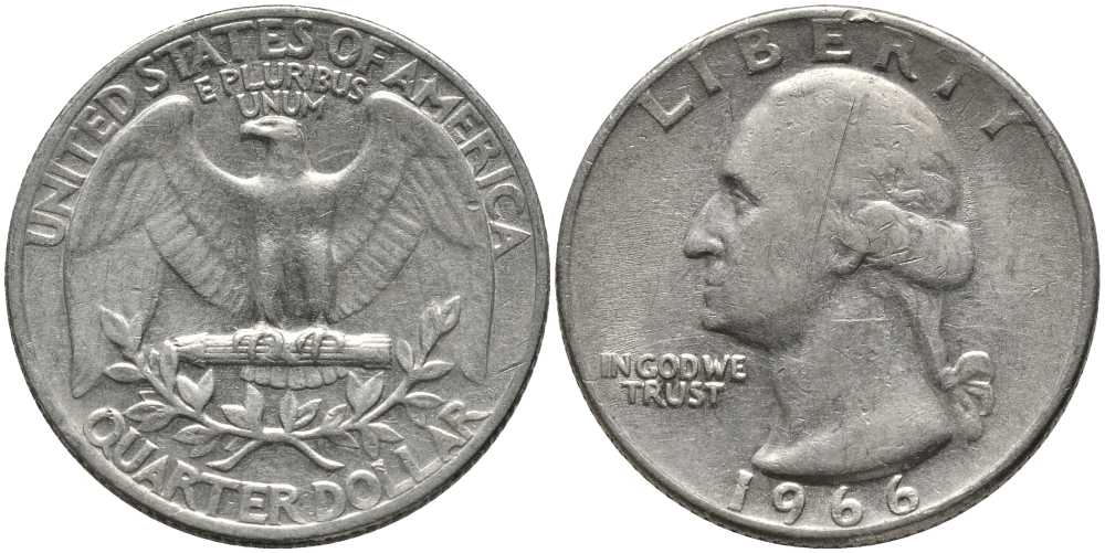 США 25 центов (квотер) 1966 Вашингтон KM 164а медь плакированная медно-никелем 113-524