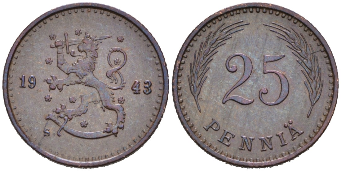 ФИНЛЯНДИЯ 25 ПЕННИ 1943 S KM 25а медь 192-1165