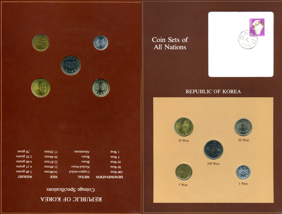 Южная Корея набор из 5 монет 1971-1983 серия наборы мира, запайка в буклете с маркой    UNC  14-01-03-25