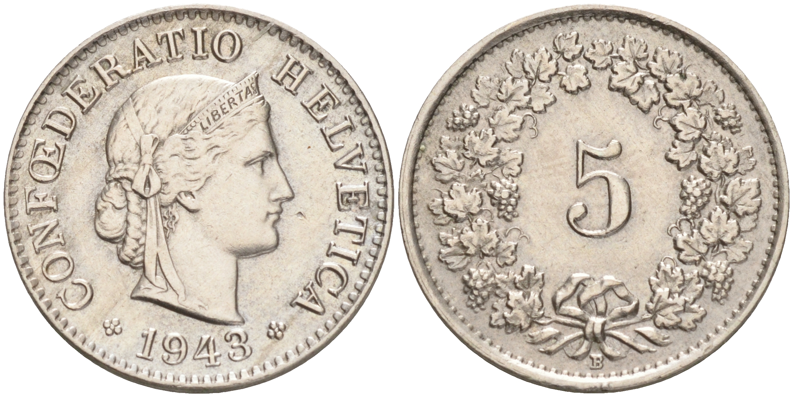 ШВЕЙЦАРИЯ 5 РАППЕНОВ 1943 В KM 26 медно-никель 4528-417