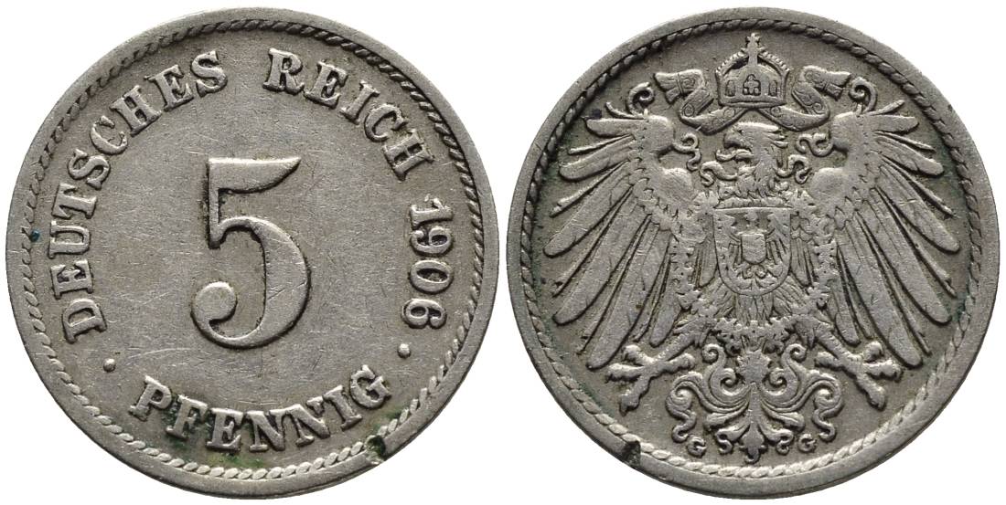 ГЕРМАНИЯ 5 ПФЕННИГОВ 1906 G KM 11, Jager 12, Weege 6 медно-никель 4547-455