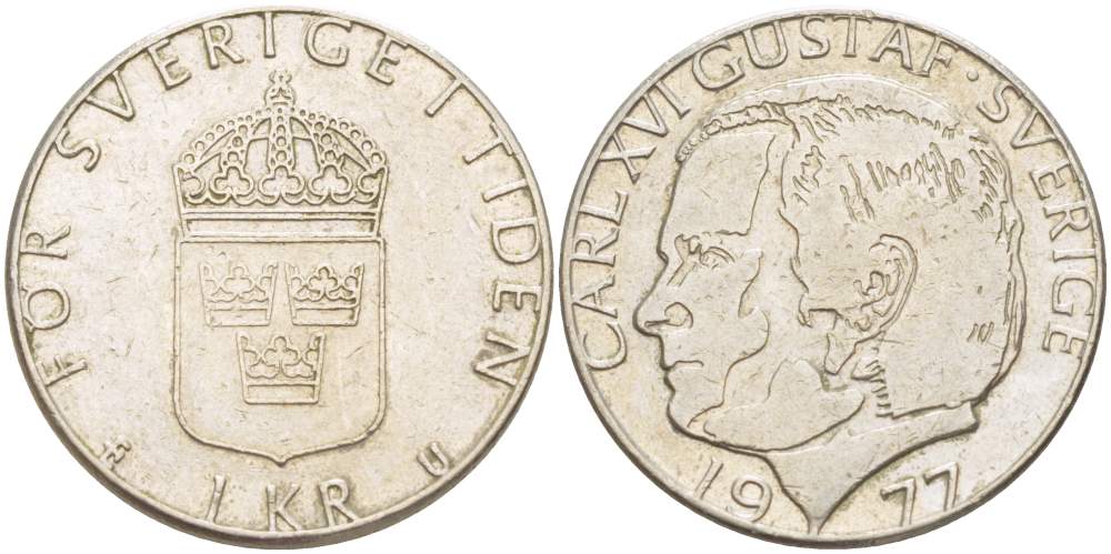 Швеция 1 крона 1977 U, Карл XVI Густав (1973- ) KM 852 медь покрытая медно-никелем 4523-241