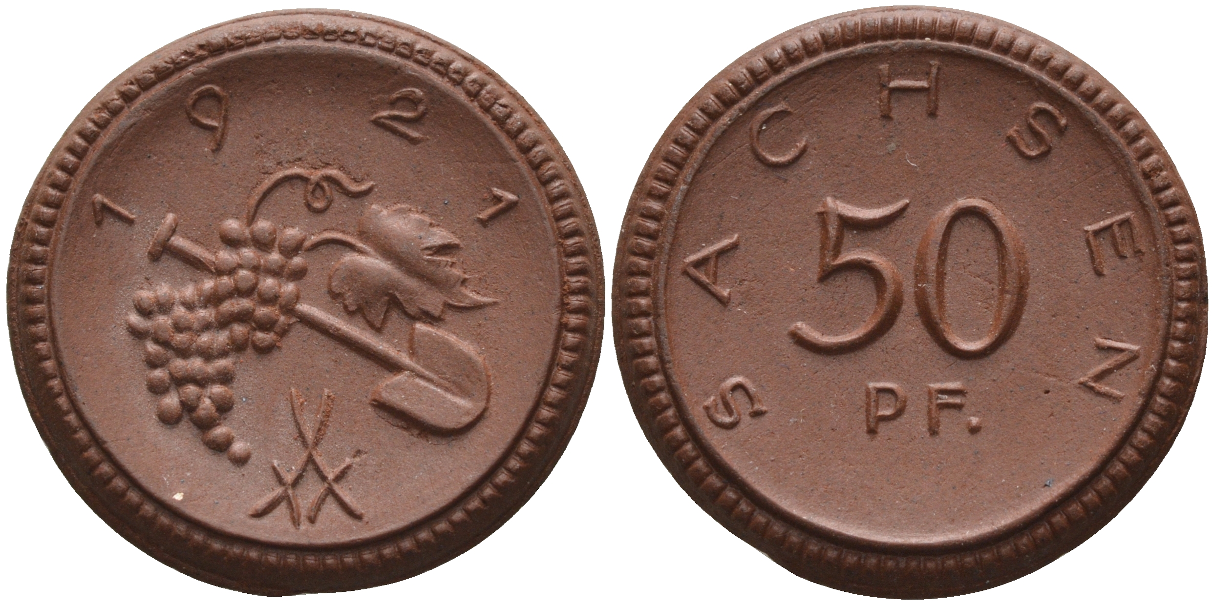 Саксония 50 пфеннигов 1921 виноград и лопата J. N 54 фарфор 1094-5-55