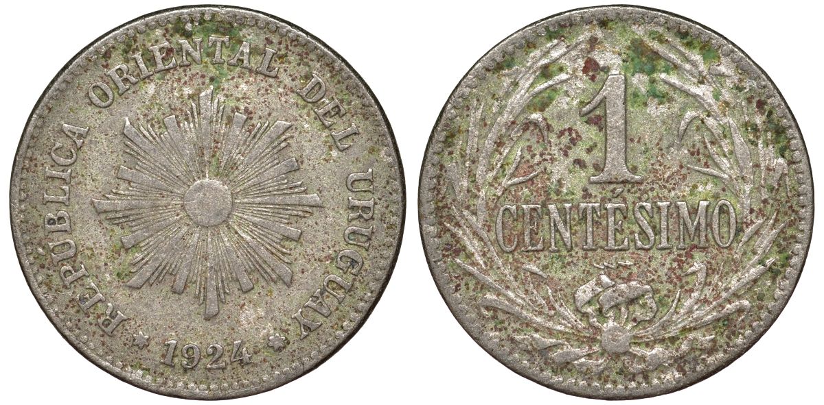 Уругвай 1 сентесимо 1924 KM 19 медно-никель 4169-629