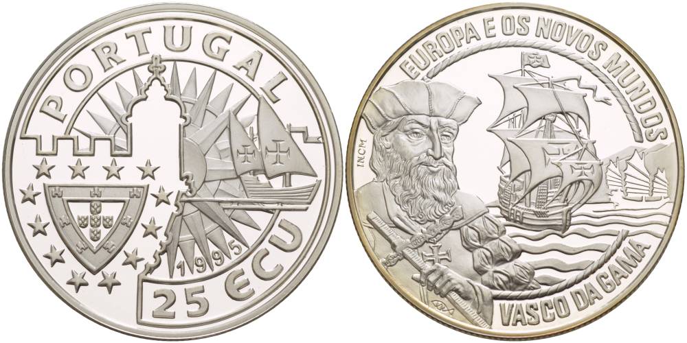 ПОРТУГАЛИЯ 25 ЭКЮ 1995 ЕВРОПА И НОВЫЙ СВЕТ, ВАСКО ДЕ ГАММА, ПРОБА 925, ВЕС 28 ГР. серебро PROOF 1081-3-53