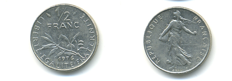 ФРАНЦИЯ 1/2 ФРАНКА 1976 СЕЯТЕЛЬ KM 931.1, LE FRANC 198.15 никель 86-1755