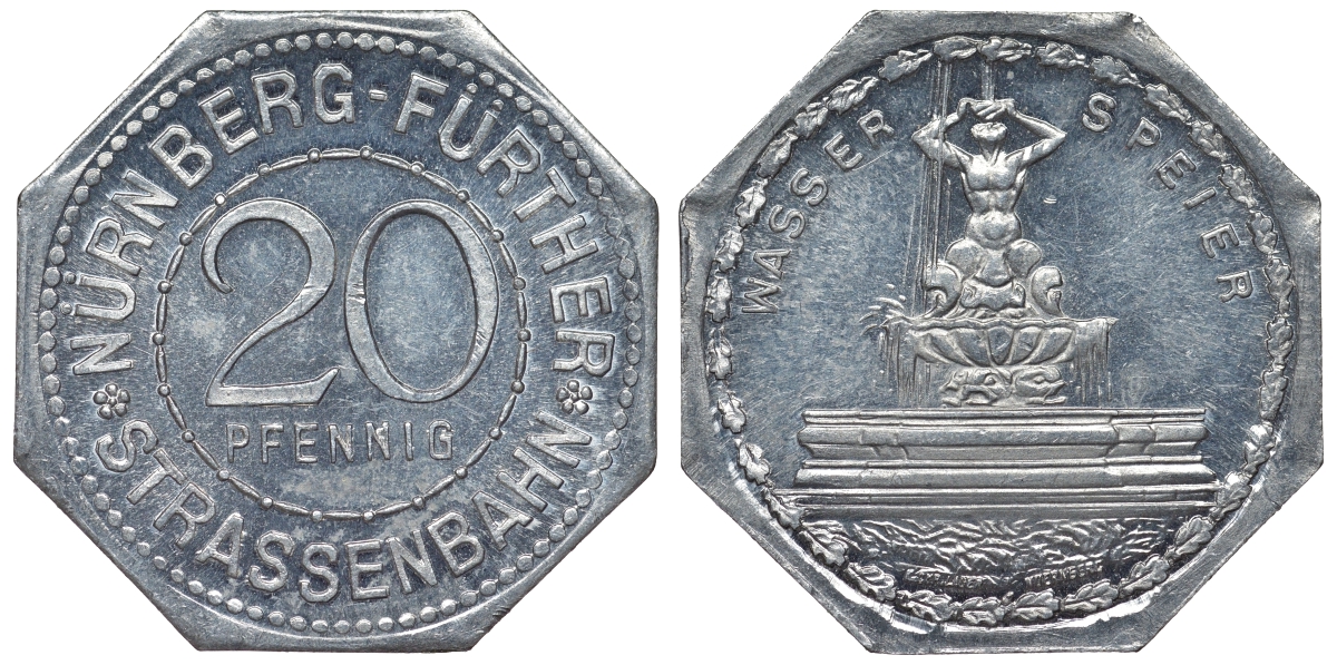 Германия, Нюрнберг - Фюрт 20 пфеннигов ND трамвайный жетон, фонтан, гогулья алюминий UNC 4119-535