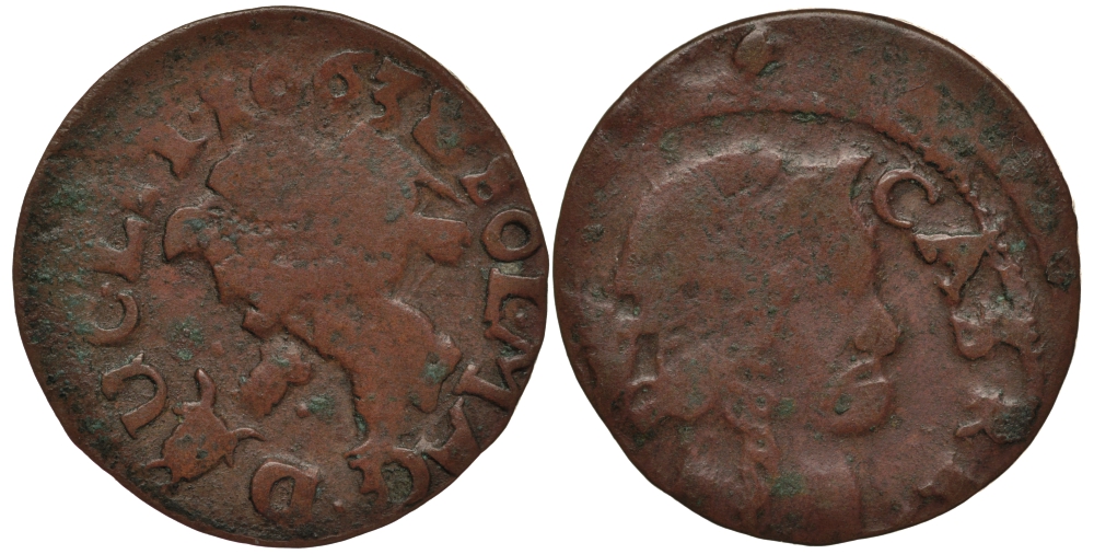 Великое княжество Литовское 1 шиллинг (боратынка) 1663 T, Ян Казимир Понятовский (1649-1668),  вес 1,65 гр. KM 50 медь 1516-1242