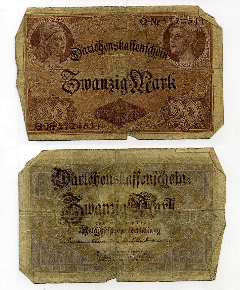 ГЕРМАНИЯ 20 МАРОК 1914 7 значный номер Pick 48 b бумага 6293-5-3-1