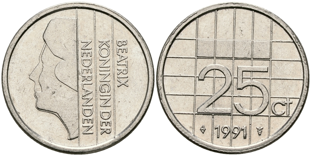 НИДЕРЛАНДЫ 25 ЦЕНТОВ 1991 БЕАТРИКС KM 204 никель 96-324