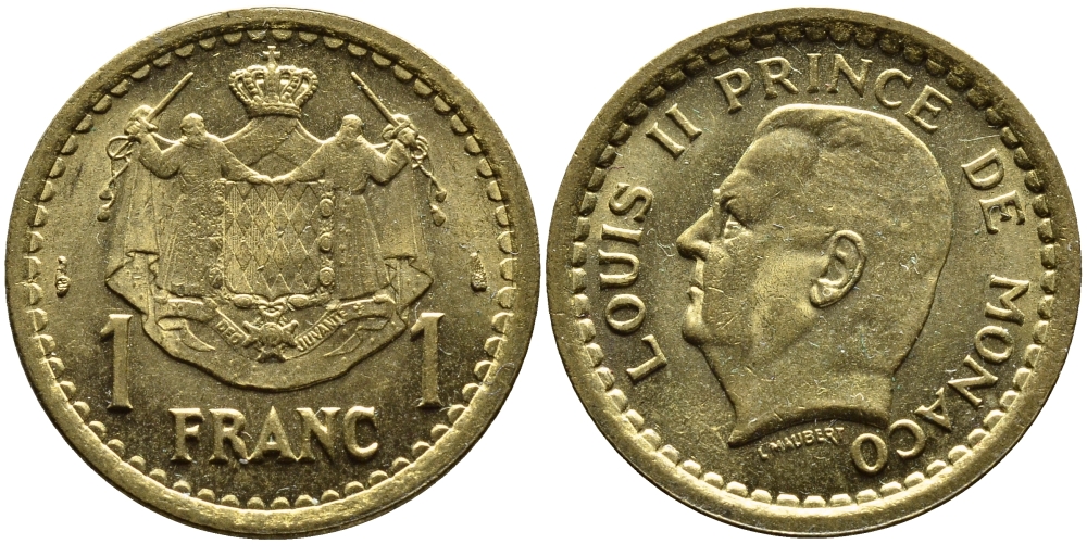 Монако 1 франк 1945 Луи II (1922-1949) KM 120 a алюминиевая бронза 4393-1254