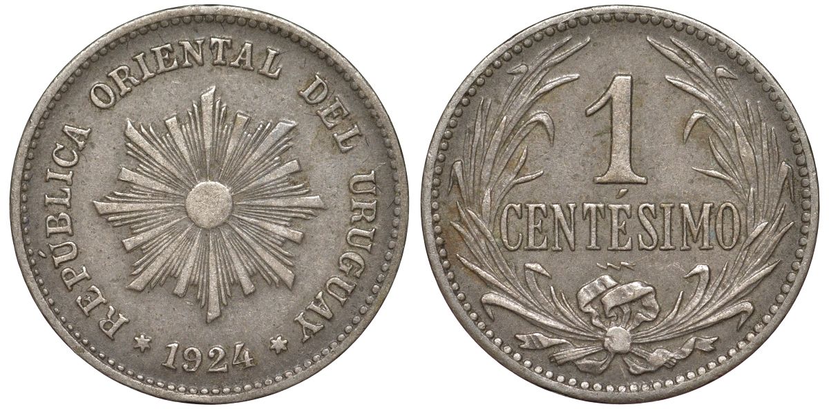 Уругвай 1 сентесимо 1924 KM 19 медно-никель 4594-225