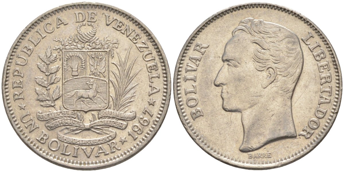 Венесуэла 1 боливар 1967 Симон Боливар KM 42 никель 219-1126