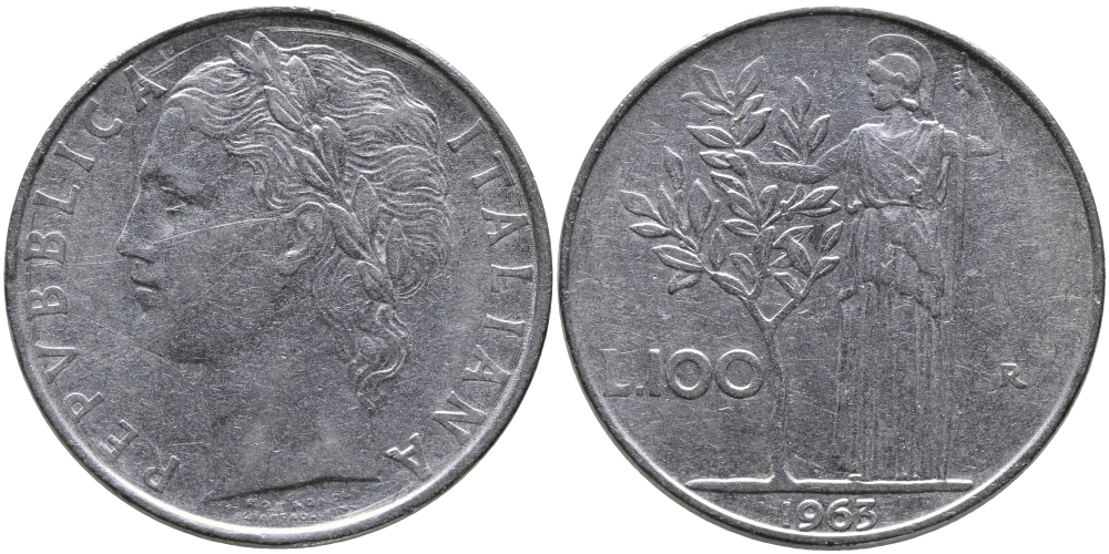 ИТАЛИЯ 100 ЛИР 1963 R, АФИНА KM 96.1 нержавеющая сталь 97-544