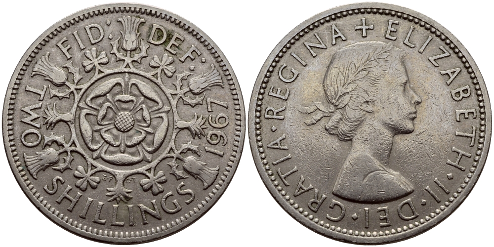 Великобритания 2 шиллинга (флорин) 1967 Елизавета II (1952-2022) KM 906, Spink 4146 медно-никель 83-1956