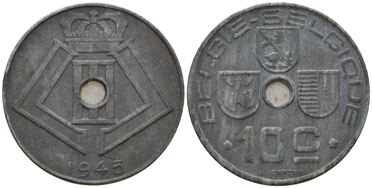 Бельгия 10 сантимов 1945 Belgie - Belgique KM 126 цинк 100-1151