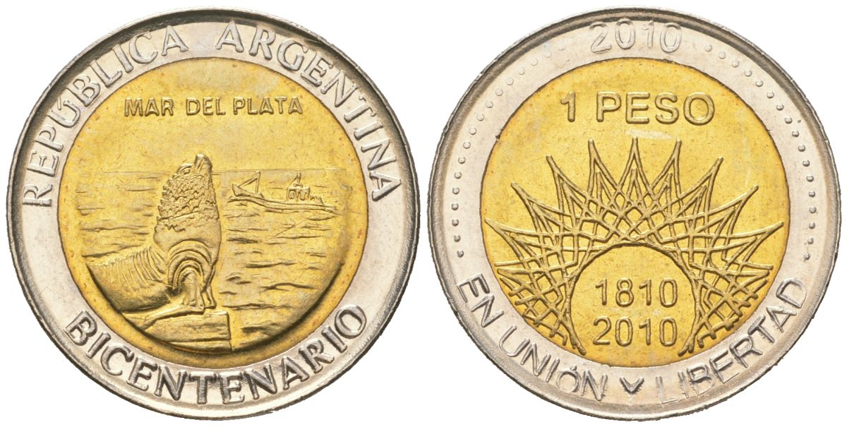 Аргентина 1 песо 2010 200 лет Аргентине - Мар-дель-Плата KM 158 биметалл UNC 4620-653