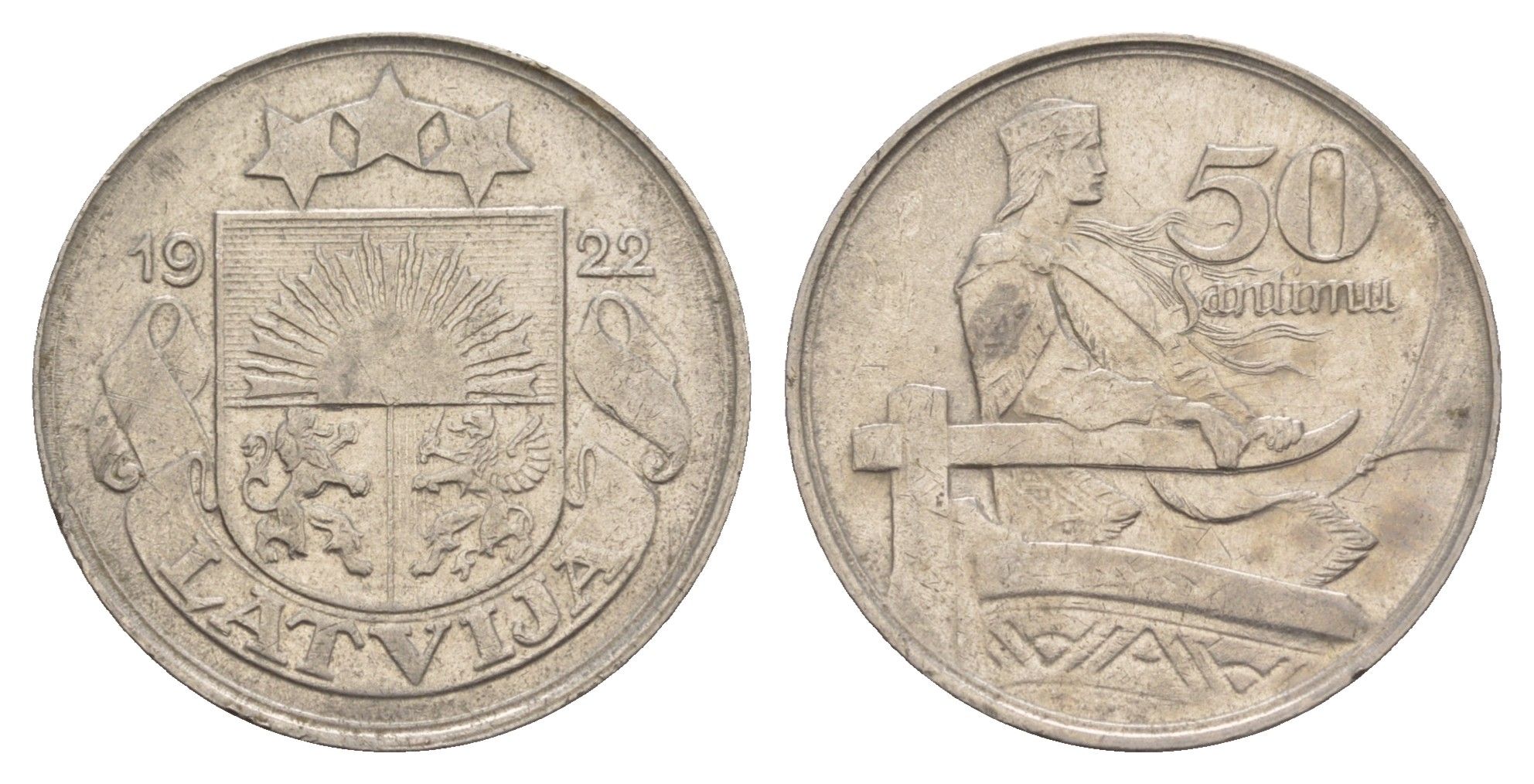 Латвия 50 сантимов 1922 год-тип KM 6 никель 4657-752