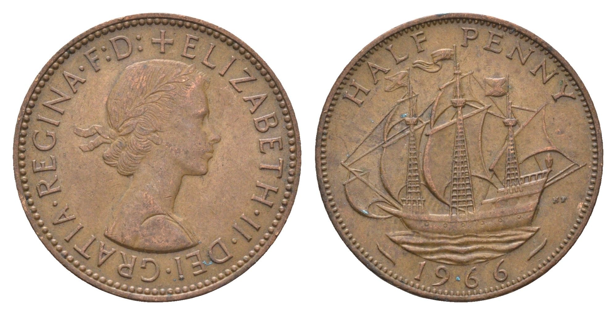 Великобритания 1/2 пенни 1966 Елизавета II (1952-2022) KM 896, Spink 4158 бронза 4662-1257