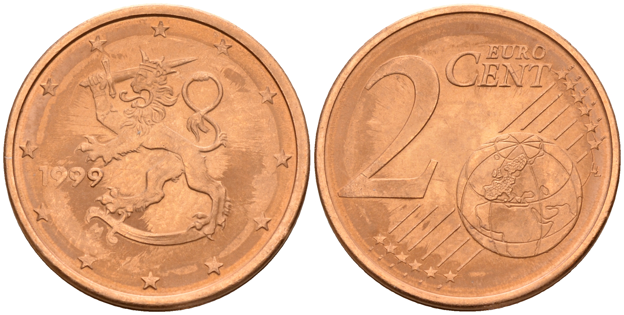 Финляндия 2 евроцента 1999  KM 99 сталь плакированная медью  UNC  4160-325