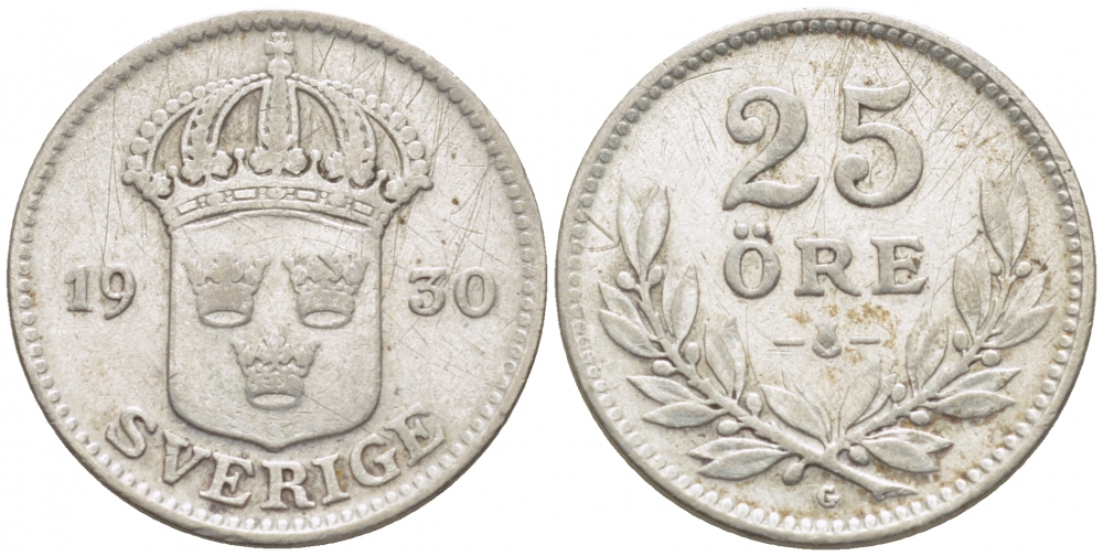 Швеция 25 эре 1930 G, Густав V (1907-1950) KM 785 серебро 112-1141
