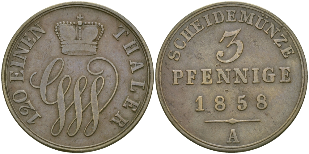 Шаумбург-Липпе 3 пфеннига 1858 А, Георг Вильгельм (1787-1860) KM 39 медь 65-627