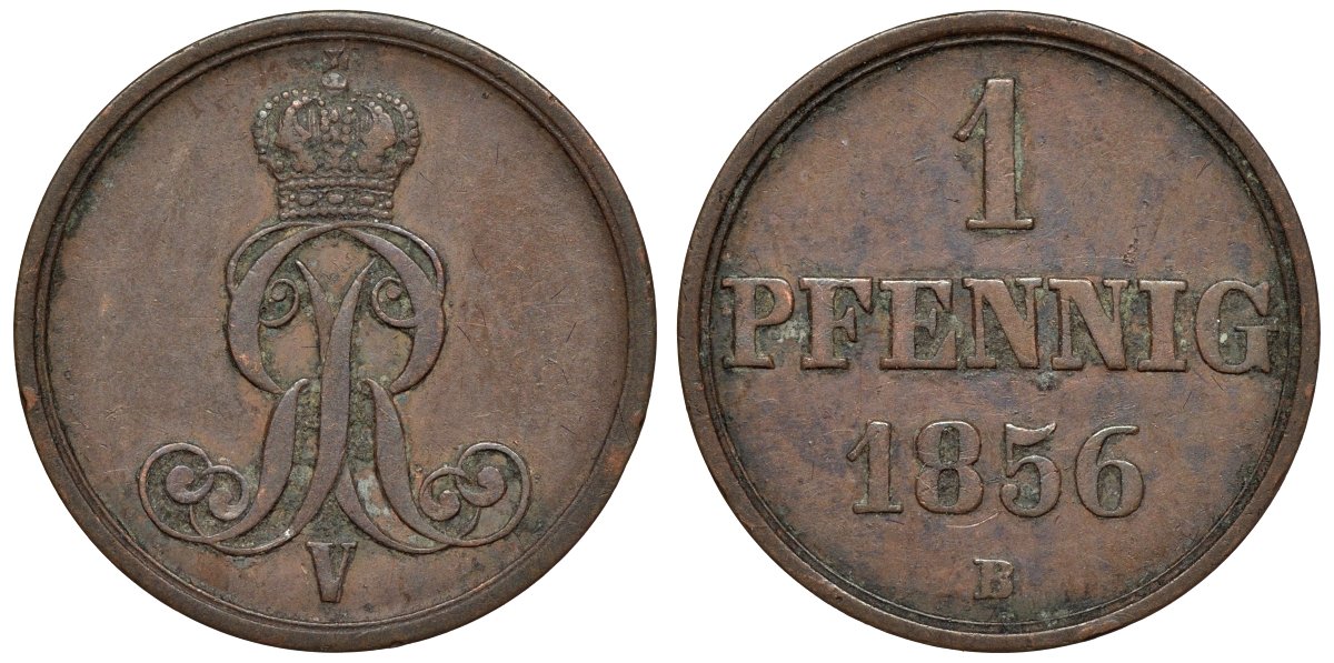 Ганновер 1 пфенниг 1856 B, Георг V KM 221, AKS 155, J. 83 медь 4594-434